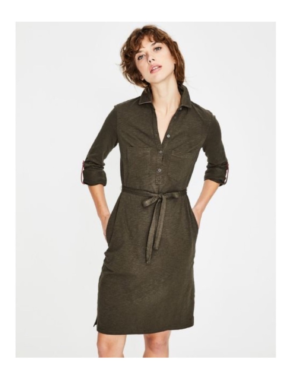 BODEN Petite Jena Jersey Shirt Dress Green Sleeve Pockets size 8